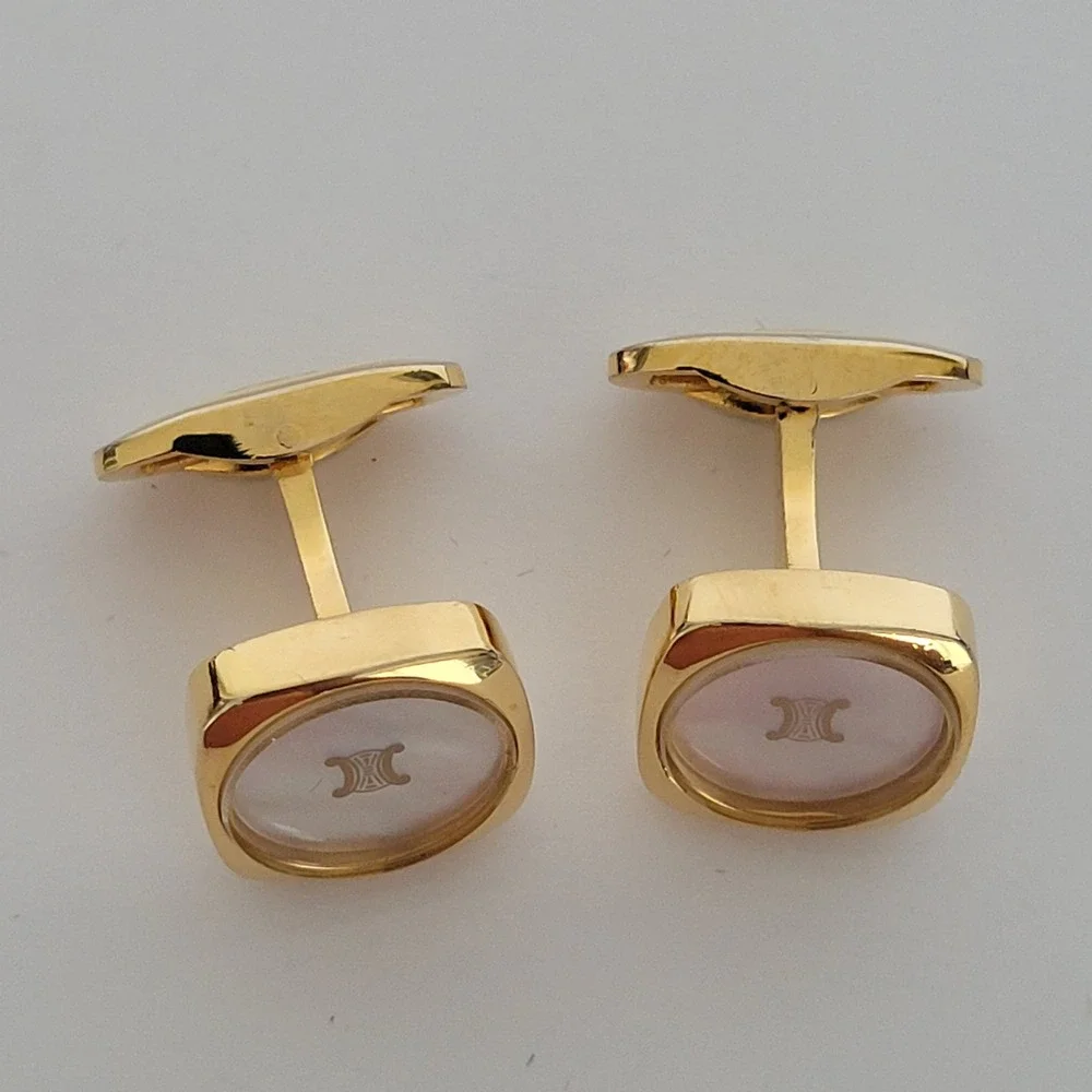 Celine Vintage Triomphe Mother of Pearl Gold Tone Square Cufflinks